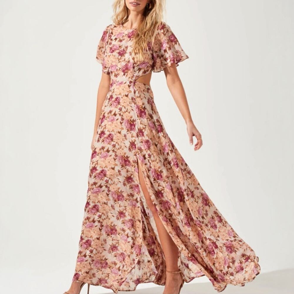 ASTR The Label Katrina Taupe Fuchsia Floral Cut Out Maxi Dress NWT